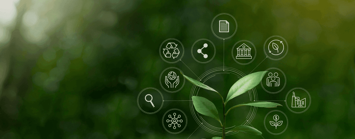 Green seedling surrounded by sustainability and supply-chain icons