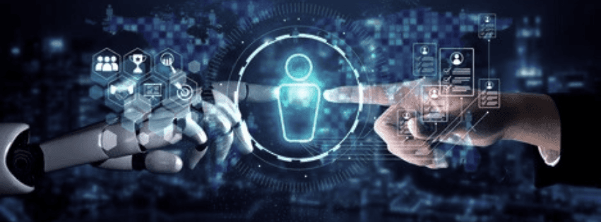 A human hand and a robotic hand reaching toward a verified identity icon